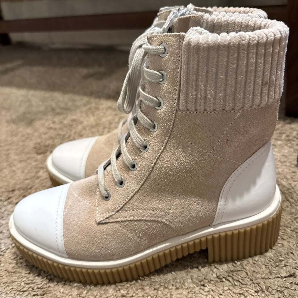 Vaneli MAGE Suede Lace-Up Combat Boots in Light Grey and White - Picture 3 of 7